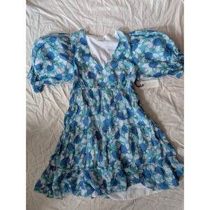 SAYLOR Women's Blue‎ Green Floral Puff Sleeve Tiered Mini Dress Size S
